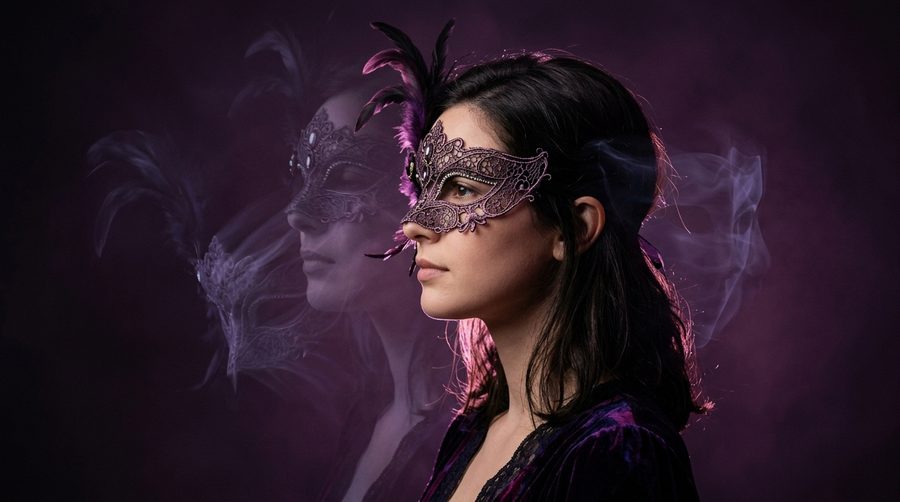 Profil wajah tenang dengan setengah topeng elegan bercahaya ungu di latar gelap